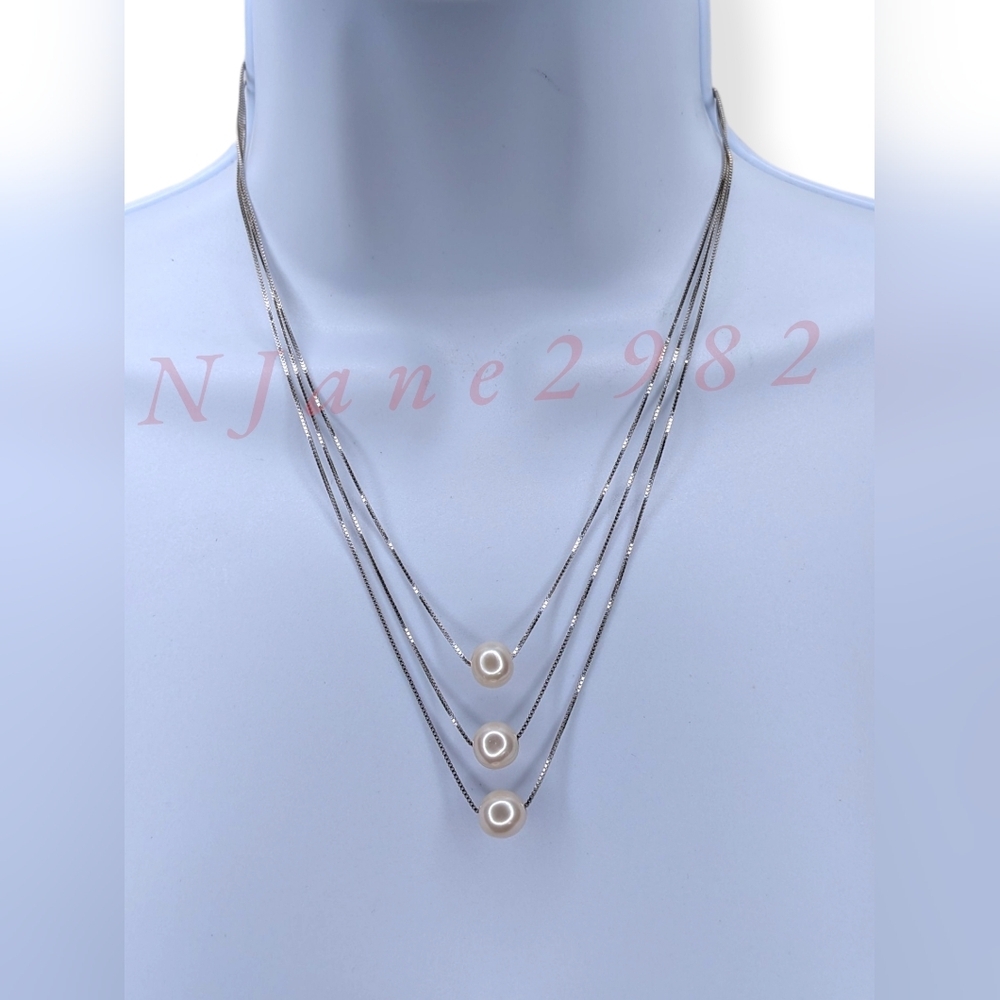 Sterling Silver Genuine Freshwater Pearl Layered Necklace Dainty Elegant 925